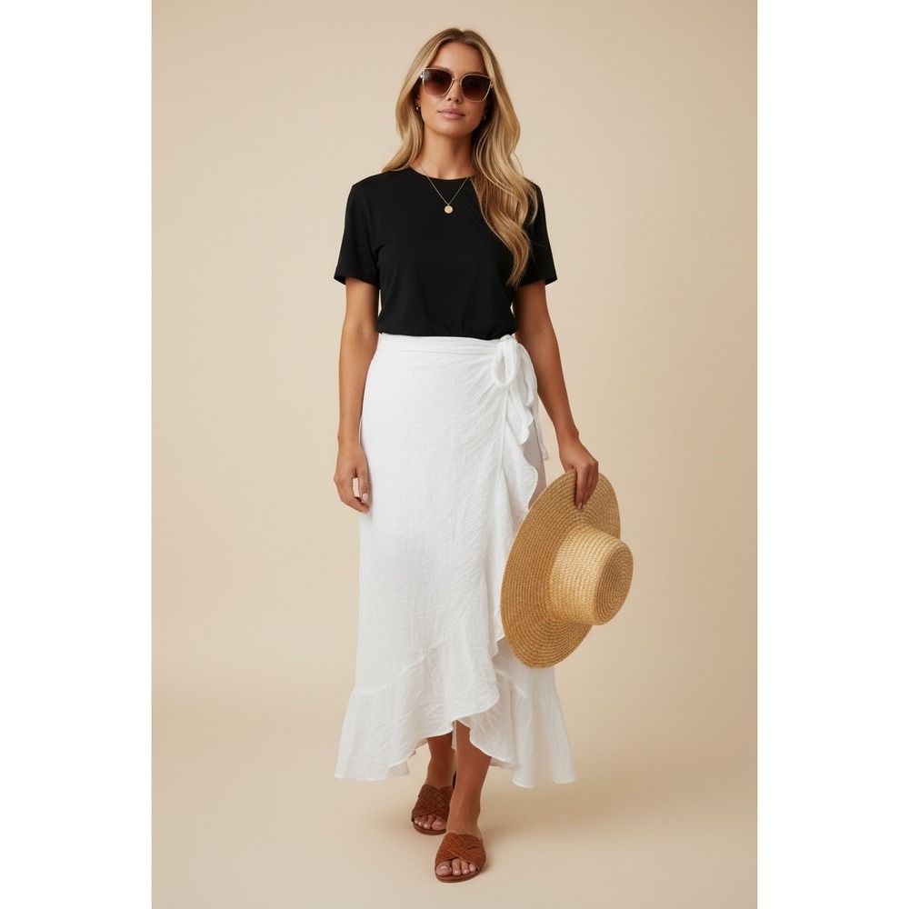 White Ruffle Wrap Maxi Skirt Size Small Beach Resortwear Skirt Swim Cover‎ Up